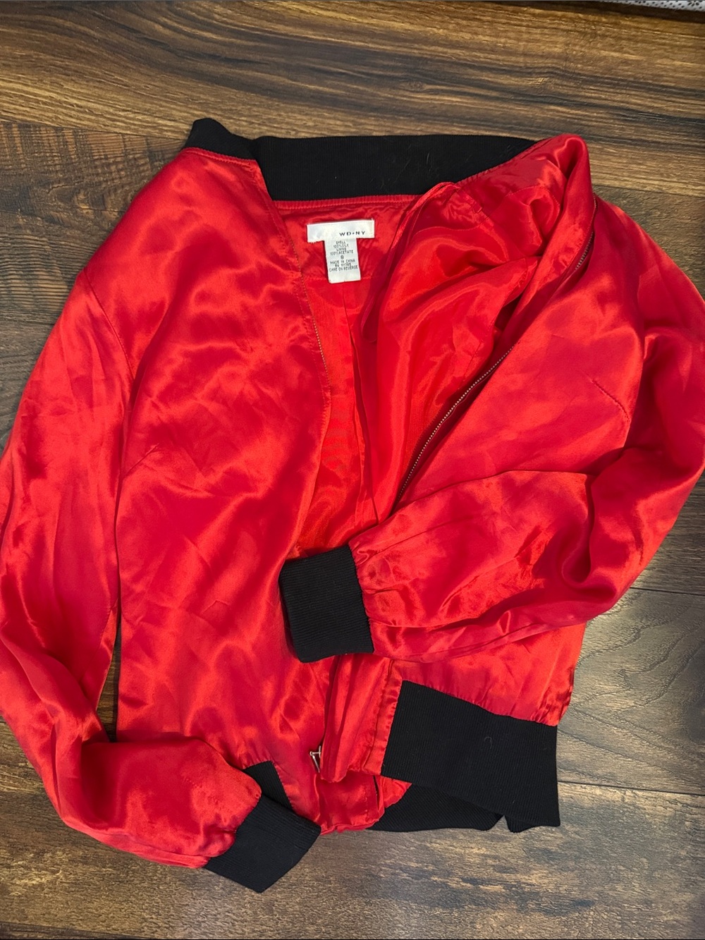 Vintage WDNY Red Silk Bomber Jacket with Black Trim